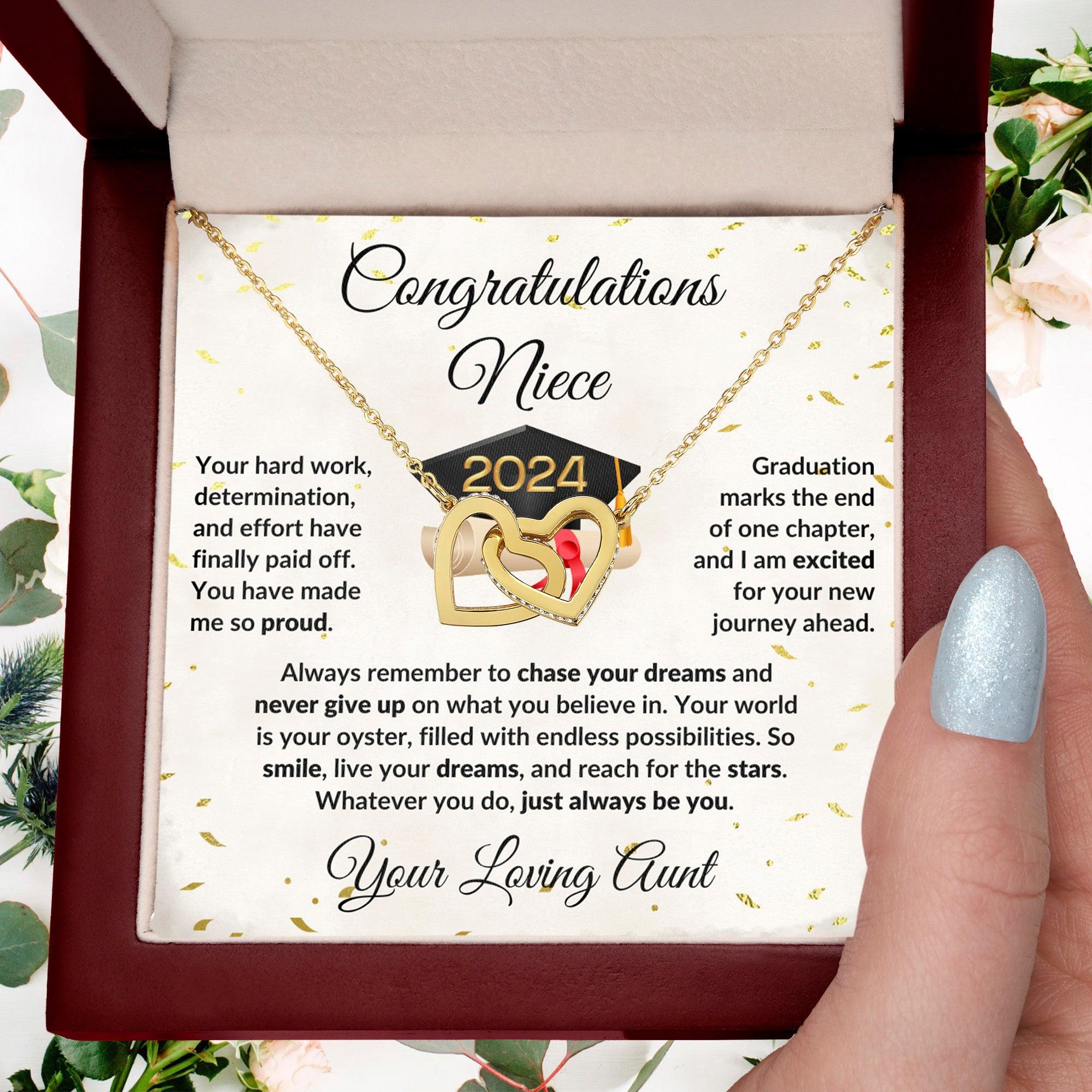 Niece Jewelry Graduation Class of 2024 Personalized Interlocking Hearts Pendant Necklace with Heartfelt Message and Gift Box - Mallard Moon Gift Shop