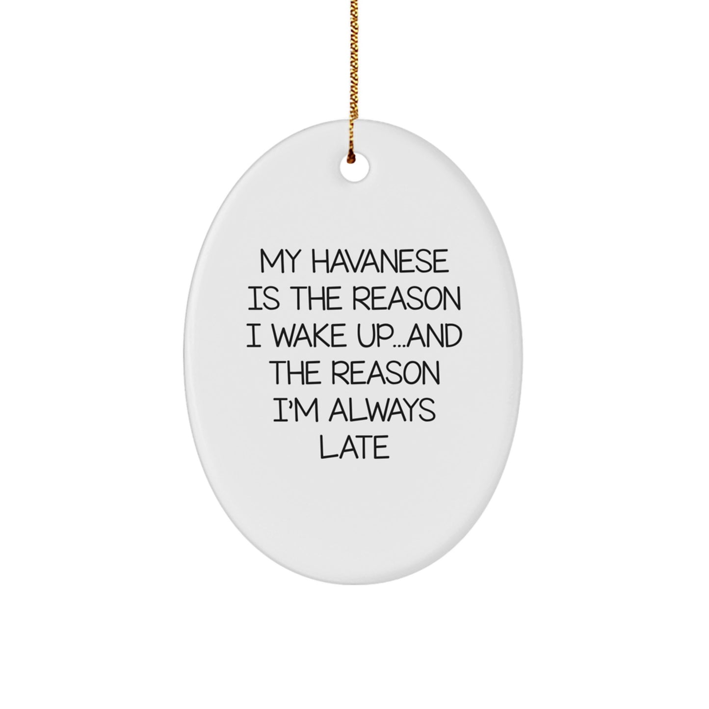 My Havanese Is The Reason I Wake Up... and The Reason I'm Always Late | Oval MDF Ornament with Gloss Finish & Gold Cord