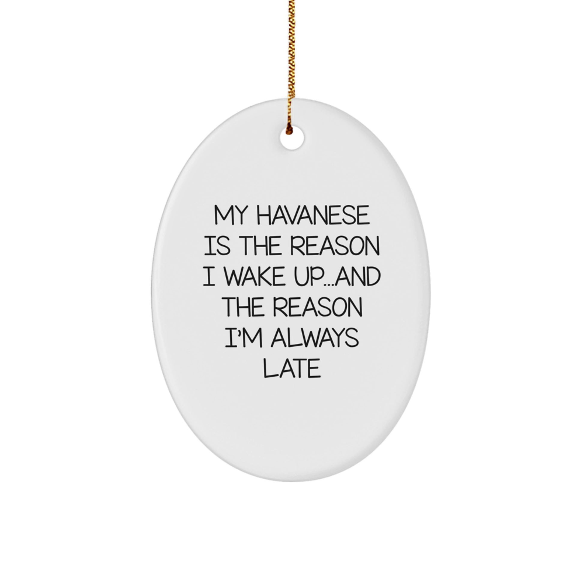 My Havanese Is The Reason I Wake Up... and The Reason I'm Always Late | Oval MDF Ornament with Gloss Finish & Gold Cord