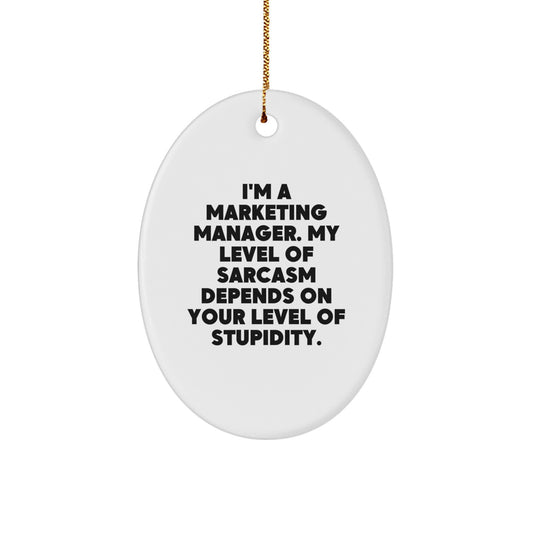 Funny Marketing Manager Oval Ornament Gifts for Men Women Coworkers - 'I'm A Marketing Manager. My Level Of Sarcasm Depends On Your Level Of Stupidity.' Christmas Unique Gifts from Friends Family - Image 1