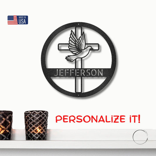 Personalized Christian Dove and Cross Metal Wall Art - Mallard Moon Gift Shop