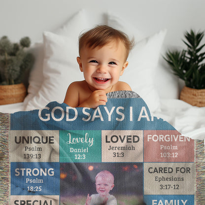 Personalized Photo and Name - God Says I Am Loved Gift for Son, Grandson, Godson Heirloom Woven Blanket - Mallard Moon Gift Shop