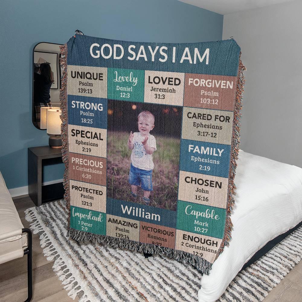 Personalized Photo and Name - God Says I Am Loved Gift for Son, Grandson, Godson Heirloom Woven Blanket - Mallard Moon Gift Shop
