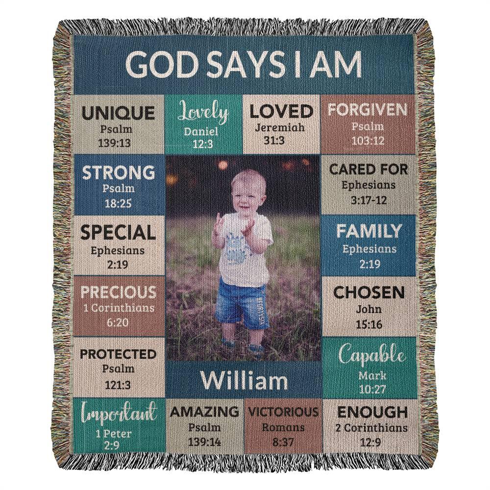 Personalized Photo and Name - God Says I Am Loved Gift for Son, Grandson, Godson Heirloom Woven Blanket - Mallard Moon Gift Shop