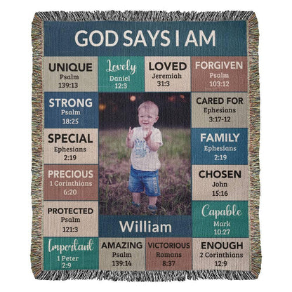 Personalized Photo and Name - God Says I Am Loved Gift for Son, Grandson, Godson Heirloom Woven Blanket - Mallard Moon Gift Shop