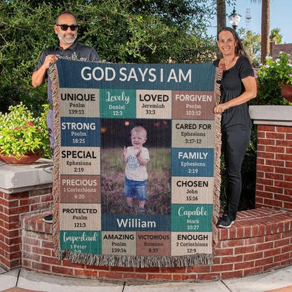 Personalized Photo and Name - God Says I Am Loved Gift for Son, Grandson, Godson Heirloom Woven Blanket - Mallard Moon Gift Shop