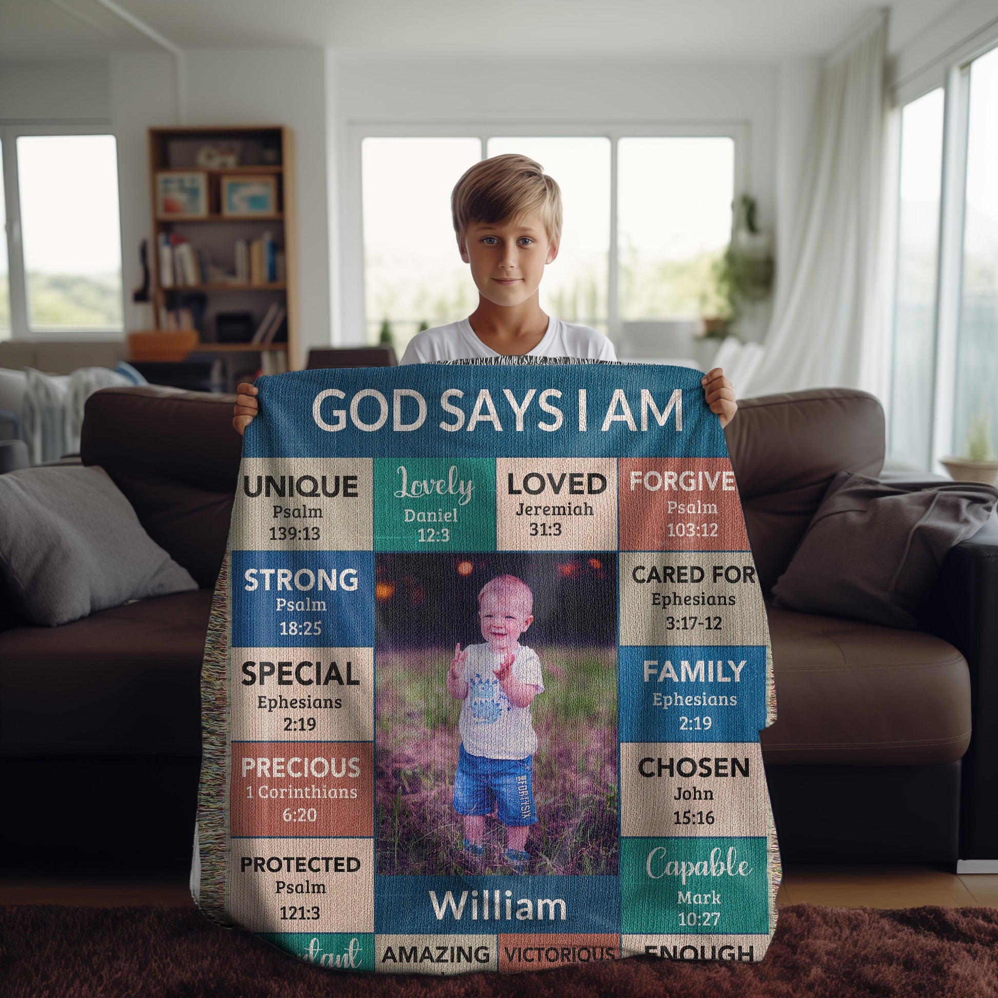 Personalized Photo and Name - God Says I Am Loved Gift for Son, Grandson, Godson Heirloom Woven Blanket - Mallard Moon Gift Shop