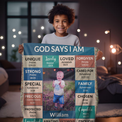 Personalized Photo and Name - God Says I Am Loved Gift for Son, Grandson, Godson Heirloom Woven Blanket - Mallard Moon Gift Shop