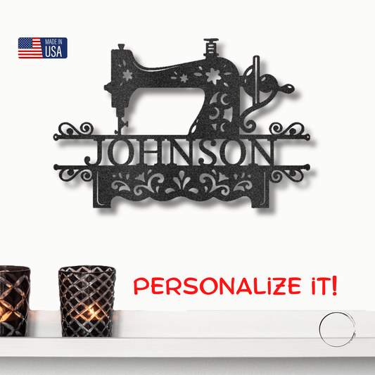 Personalized Vintage Sewing Machine Metal Wall Art - Custom Text Engraving - Mallard Moon Gift Shop