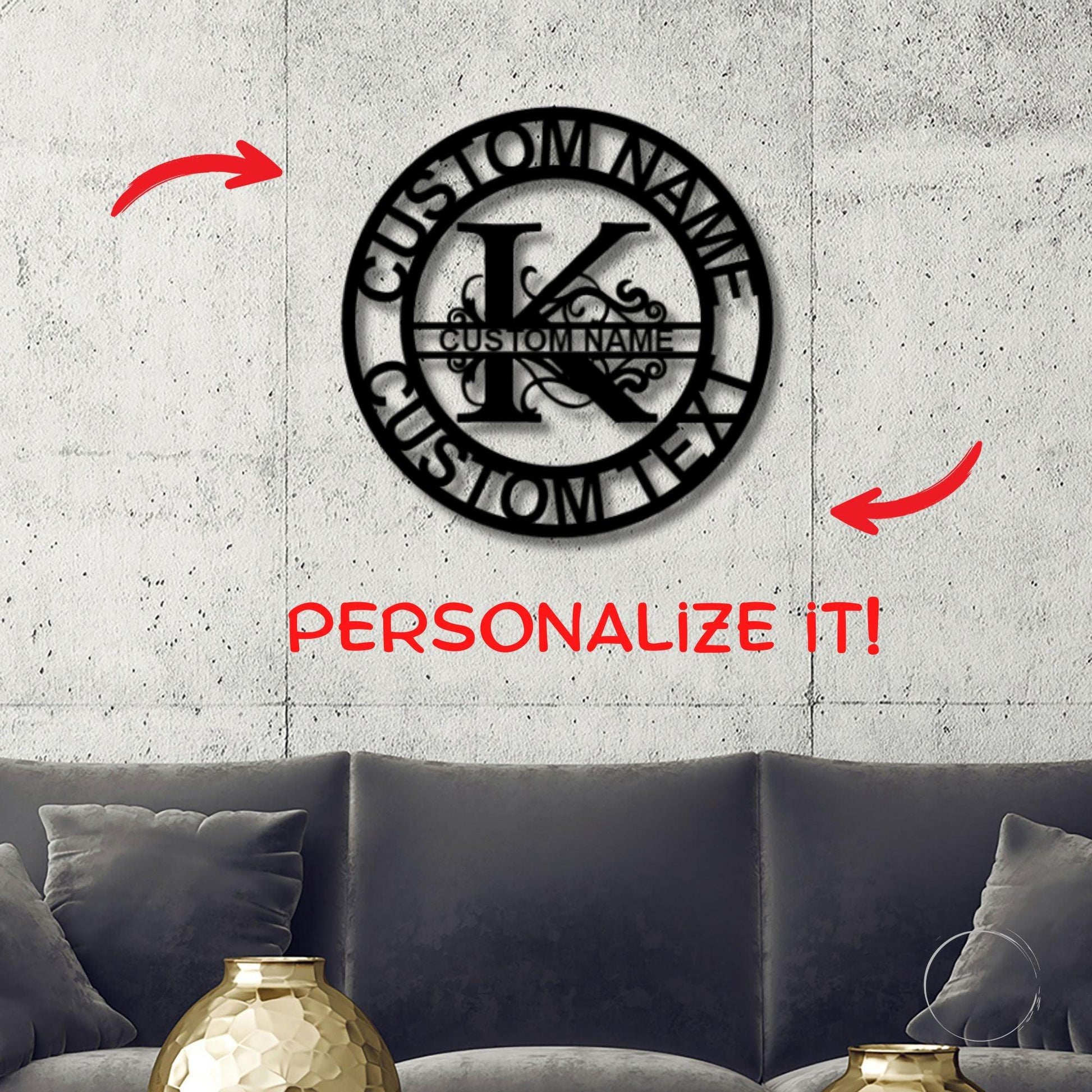 Personalized Elaborate Split Letter Name Initial Indoor Outdoor Steel Wall Sign Metal Art - Mallard Moon Gift Shop