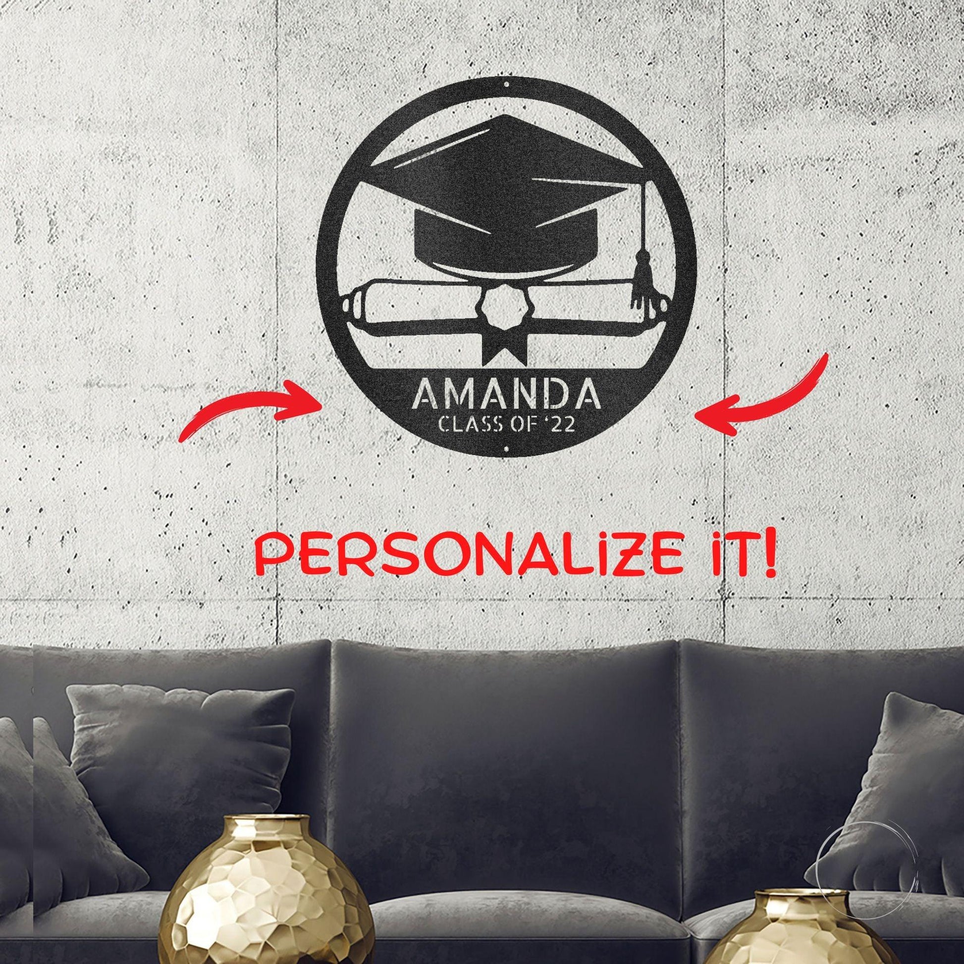 Graduation Cap and Diploma Custom Name Metal Art Wall Sign - Mallard Moon Gift Shop