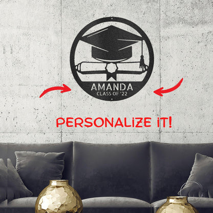 Graduation Cap and Diploma Custom Name Metal Art Wall Sign - Mallard Moon Gift Shop