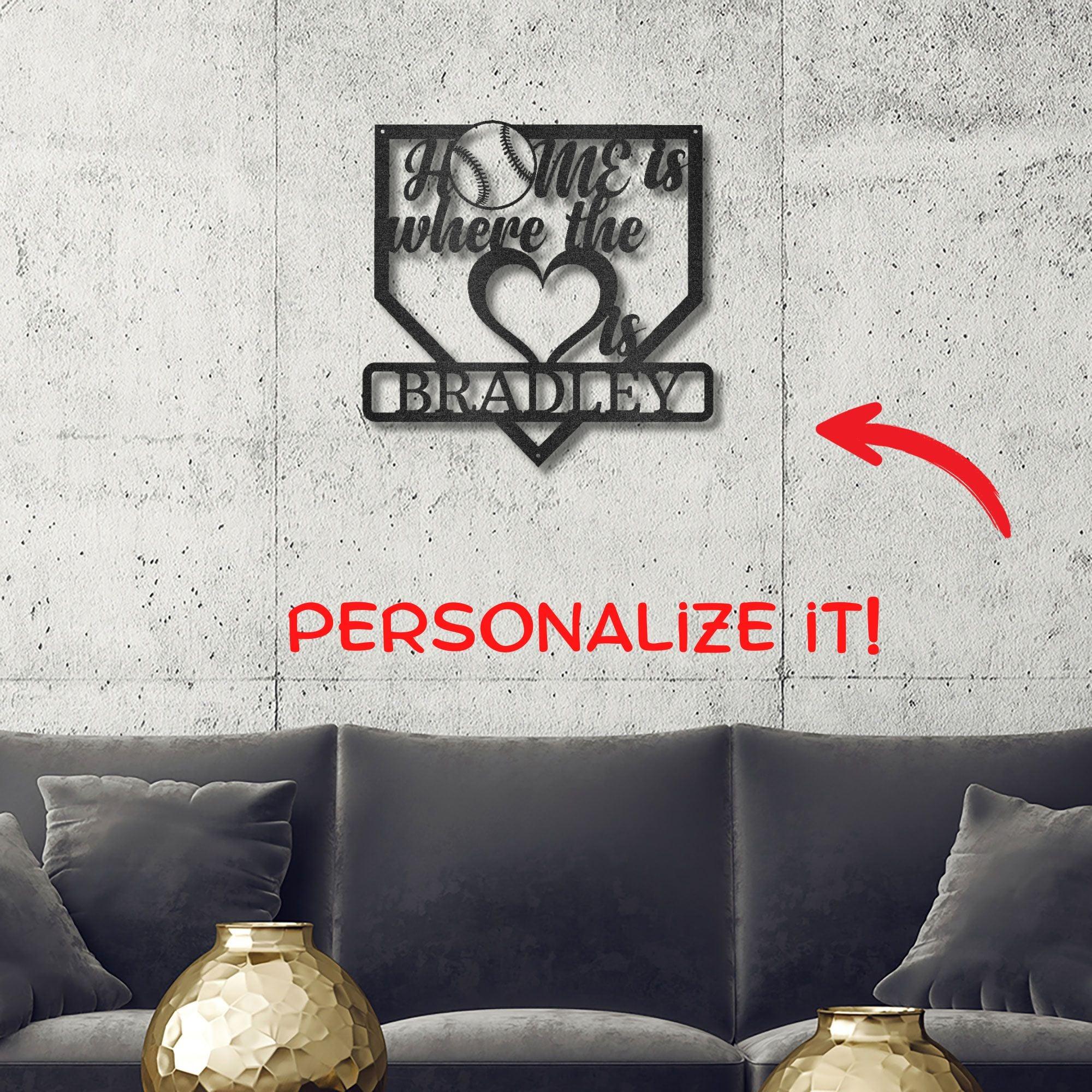 Baseball Home Is Where the Heart Is Custom Name Metal Art Wall Sign - Mallard Moon Gift Shop