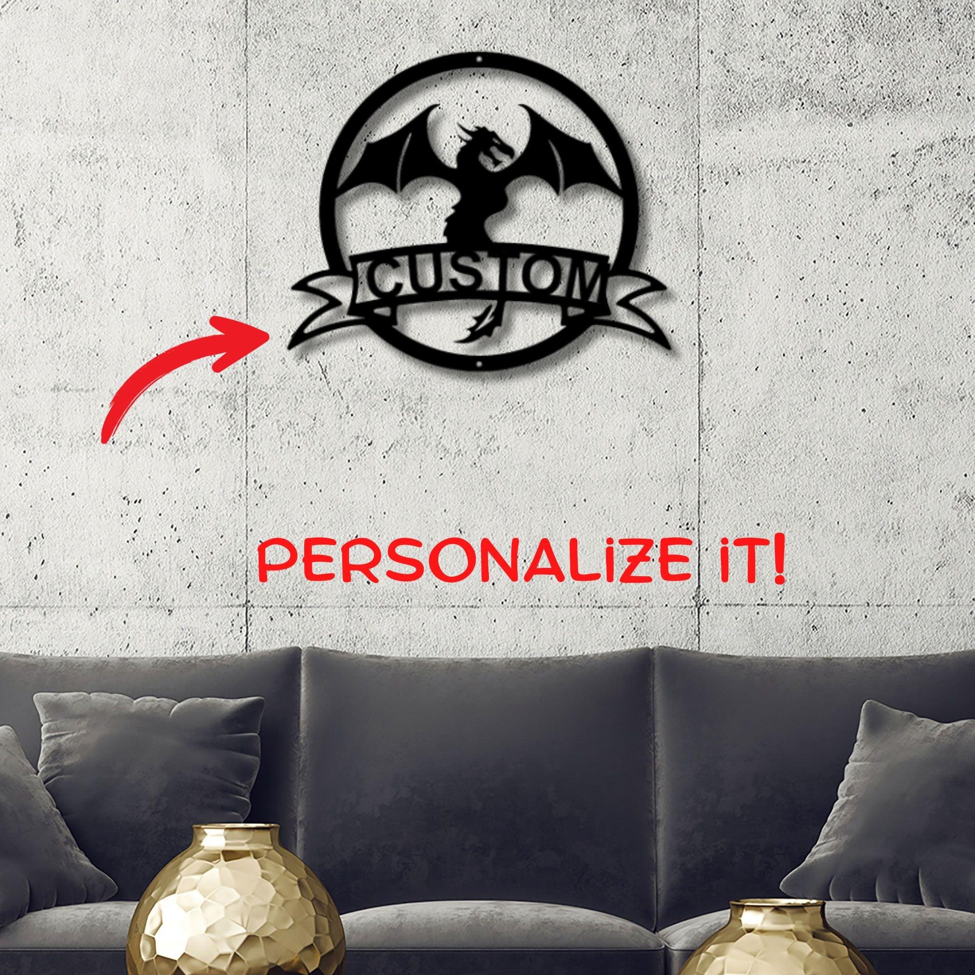 Dragon Banner Personalized Name Metal Art Wall Sign - Mallard Moon Gift Shop