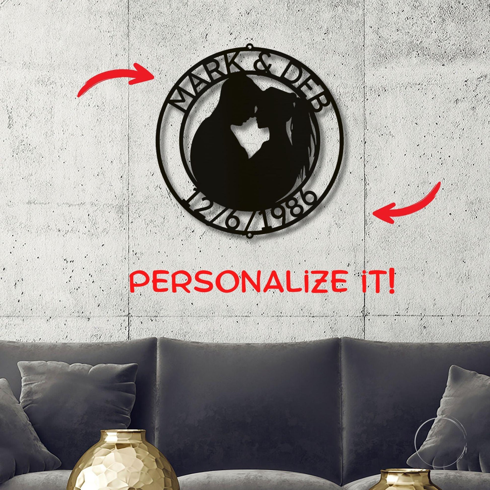 Couple Silhouette Sweetheart Custom Monogram Name Metal Wall Art - Mallard Moon Gift Shop