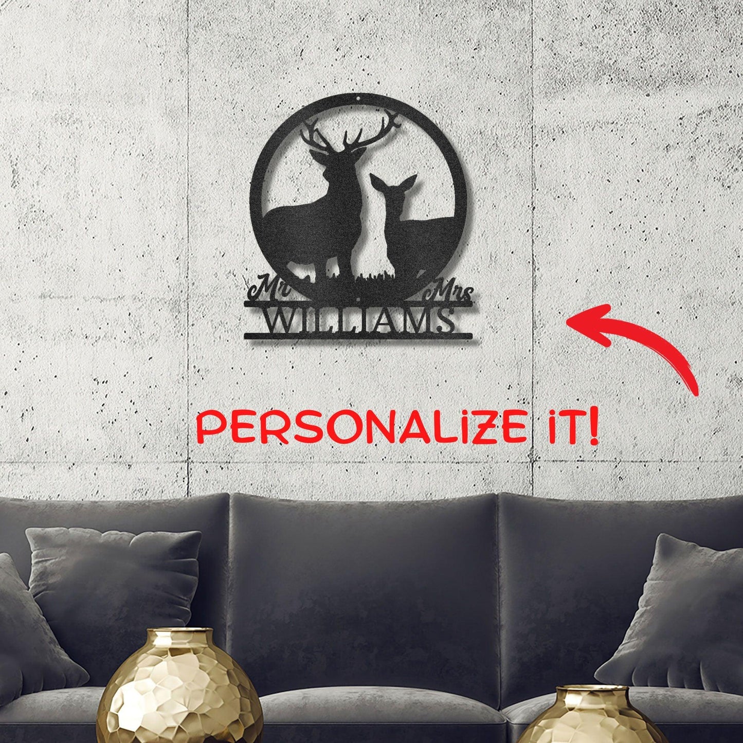 Deer Stag and Doe Mr and Mrs Custom Name Metal Art Wall Sign - Mallard Moon Gift Shop