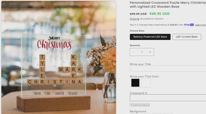 Personalized Crossword Puzzle Merry Christmas Acrylic Plaque with Lighted LED Wooden Base