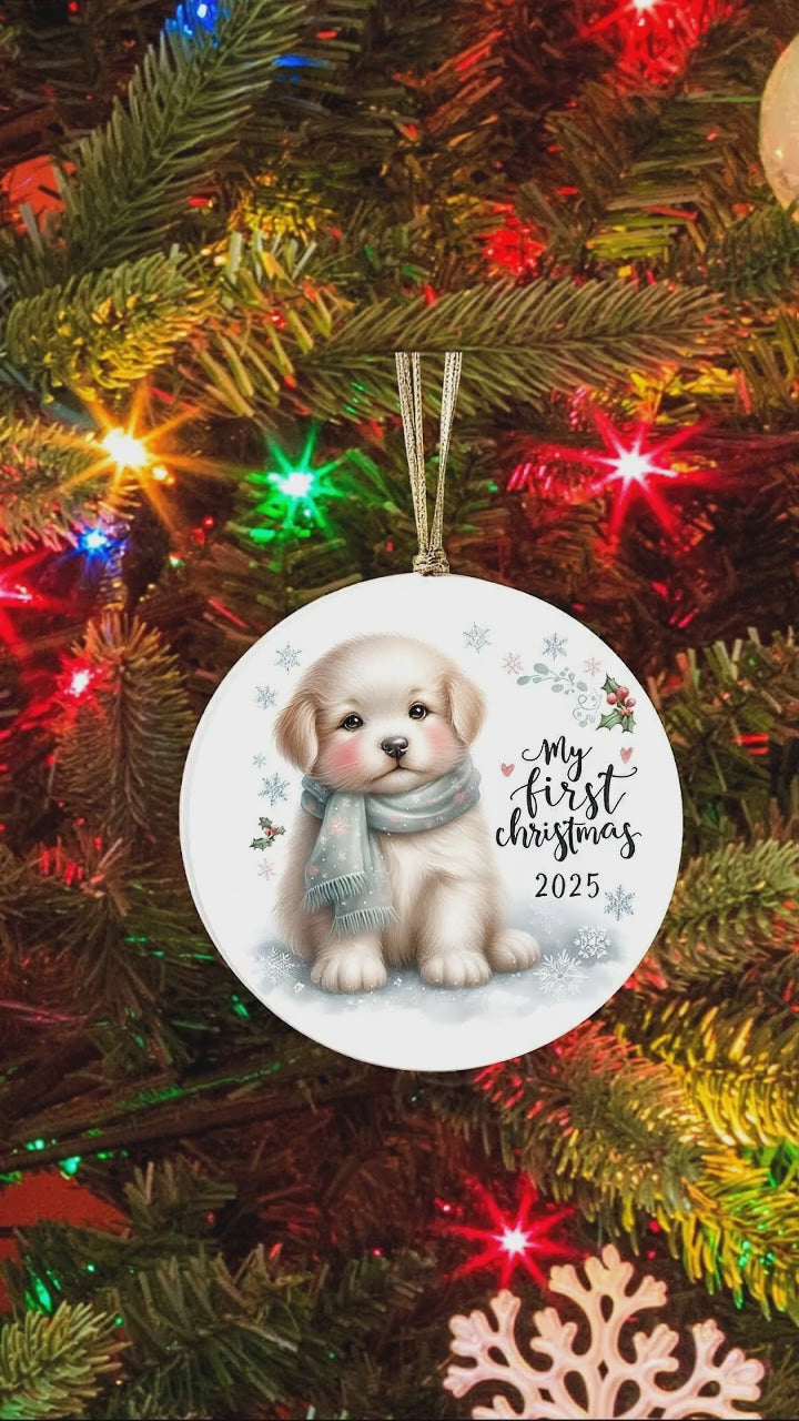 My First Christmas 2025 Puppy Ornament – Baby’s First Christmas Keepsake, Cute Newborn Gift, Durable MDF Ornament with Gold Cord