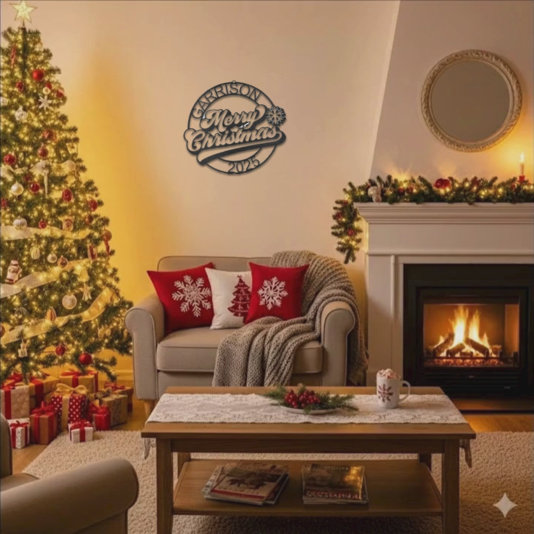 Personalized Merry Christmas Metal Wall Art – Custom Family Name Holiday Sign – Handmade Steel Décor (5 Sizes, 5 Colors)