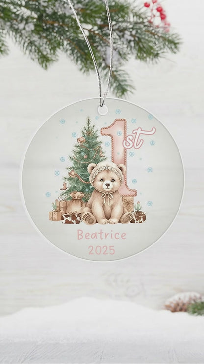 Baby's First Christmas Cute Bear Girl's Western Style Acrylic Ornament – Personalized Name Holiday Keepsake
