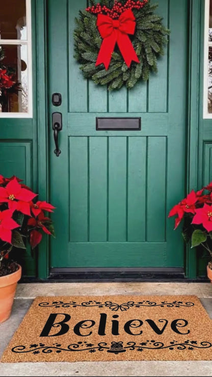 Believe in Christmas Doormat | Elegant Holiday Coir Welcome Mat with Bow & Bell Design | Festive Front Porch Décor Gift