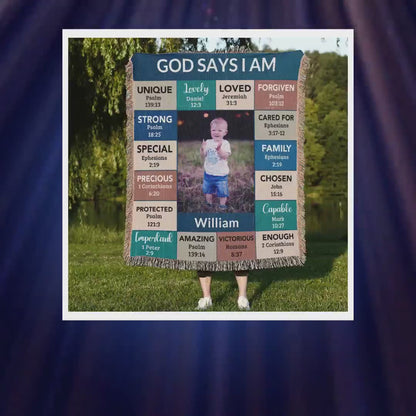 Personalized Photo and Name - God Says I Am Loved Gift for Son, Grandson, Godson Heirloom Woven Blanket by@Outfy
