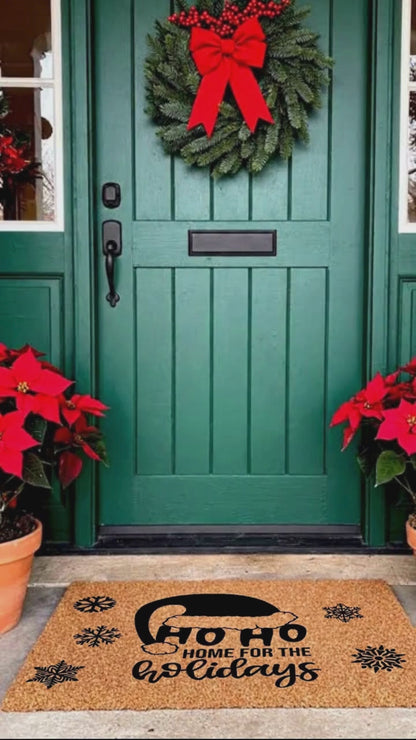 Ho Ho Home for the Holidays Christmas Doormat | Festive Santa Hat Coir Welcome Mat | Cozy Farmhouse Front Porch Décor
