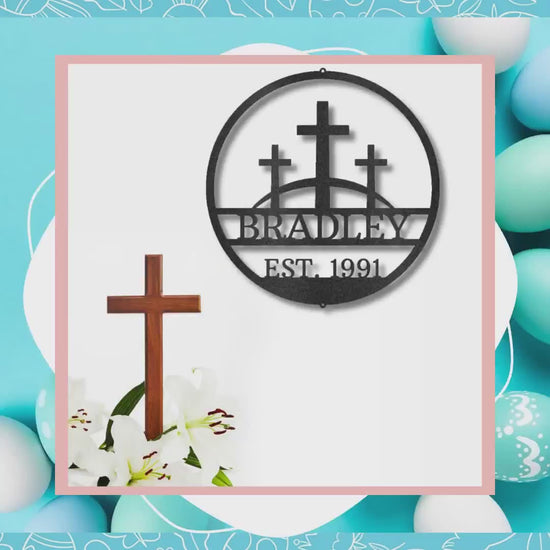 Three Crosses Monogram Custom Name Metal Wall Art Spiritual Decor by@Outfy