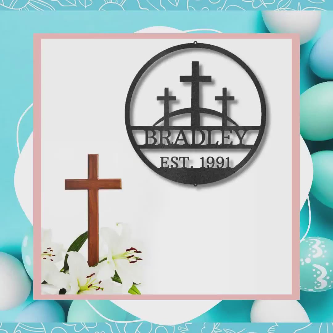 Three Crosses Monogram Custom Name Metal Wall Art Spiritual Decor by@Outfy