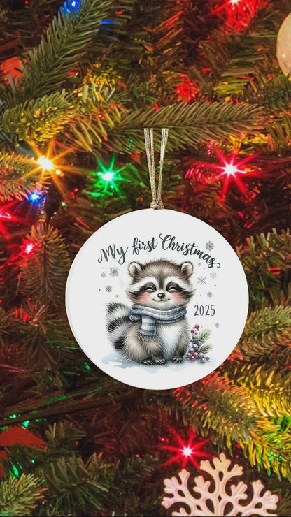 My First Christmas 2025 Raccoon Ornament – Baby’s First Christmas Keepsake, Cute Newborn Gift, Durable MDF Ornament with Gold Cord