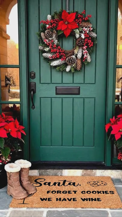 Santa Forget Cookies We Have Wine Funny Christmas Doormat – Holiday Front Porch Welcome Mat, Rustic Coir Entry Rug for Wine Lovers