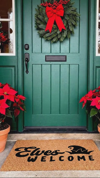 Elves Welcome Christmas Doormat | Whimsical Holiday Coir Welcome Mat with Elf Hat Design | Fun Family Front Porch Décor