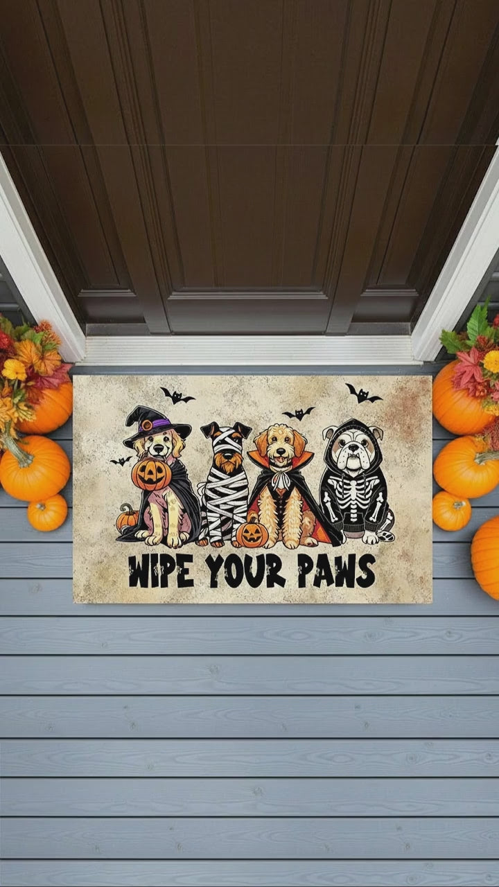 Wipe Your Paws Halloween Doormat – Cute Dogs in Costumes Welcome Mat – Funny Spooky Fall Decor for Dog Lovers