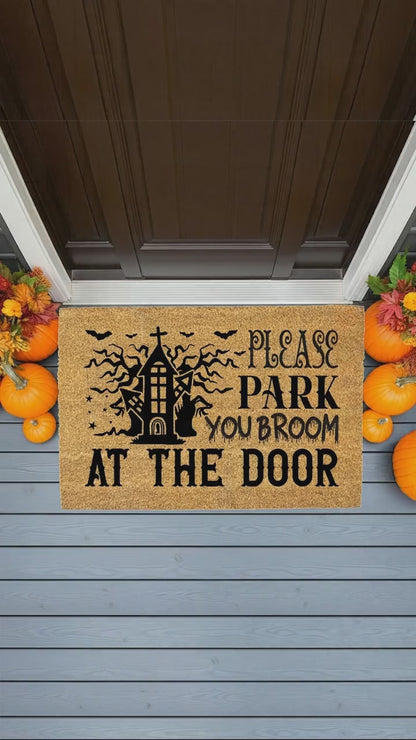 Please Park Your Broom at the Door Coir Doormat – Funny Witch Halloween Welcome Mat | Haunted House Front Porch Decor | Spooky Fall Entry Rug