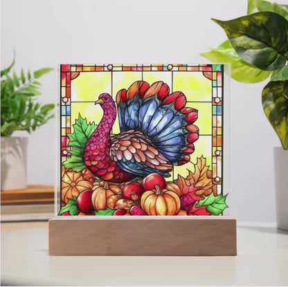 Thanksgiving Turkey Stained-glass Acrylic Square LED Lighted Wooden Base