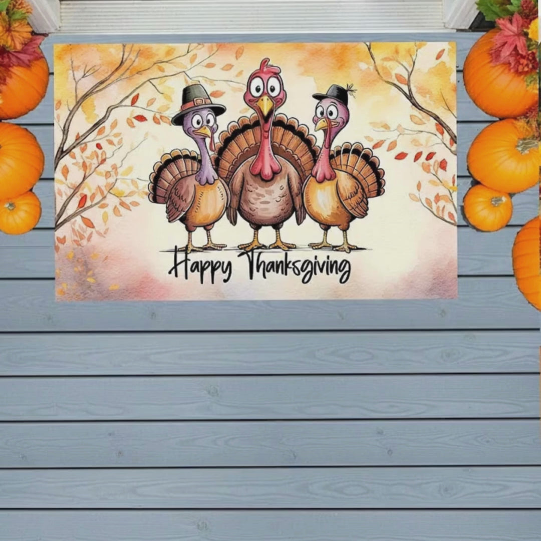 Happy Thanksgiving Turkey Doormat – Funny Fall Welcome Mat with Cartoon Turkeys & Autumn Leaves – Full-Color Entry Rug for Holiday Decor