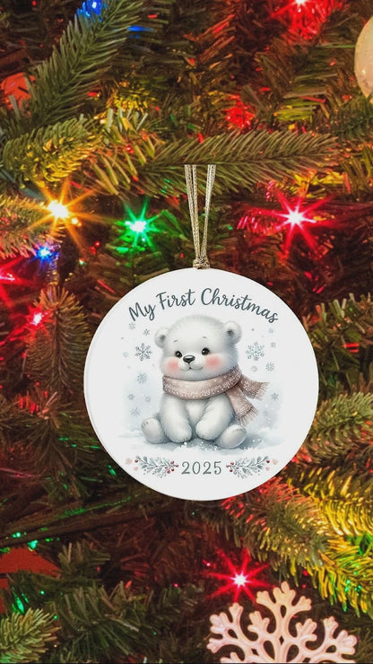 My First Christmas 2025 Bear Ornament – Baby’s First Christmas Keepsake, Cute Newborn Gift, Durable MDF Ornament with Gold Cord