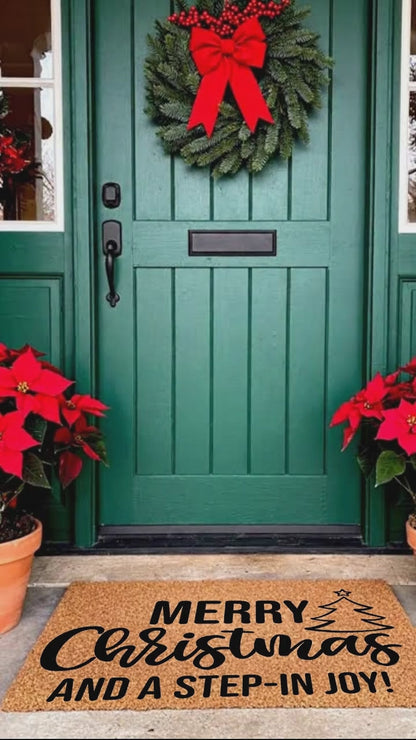 Merry Christmas and a Step-In Joy! Holiday Doormat | Funny Christmas Welcome Mat | Rustic Farmhouse Coir Porch Décor