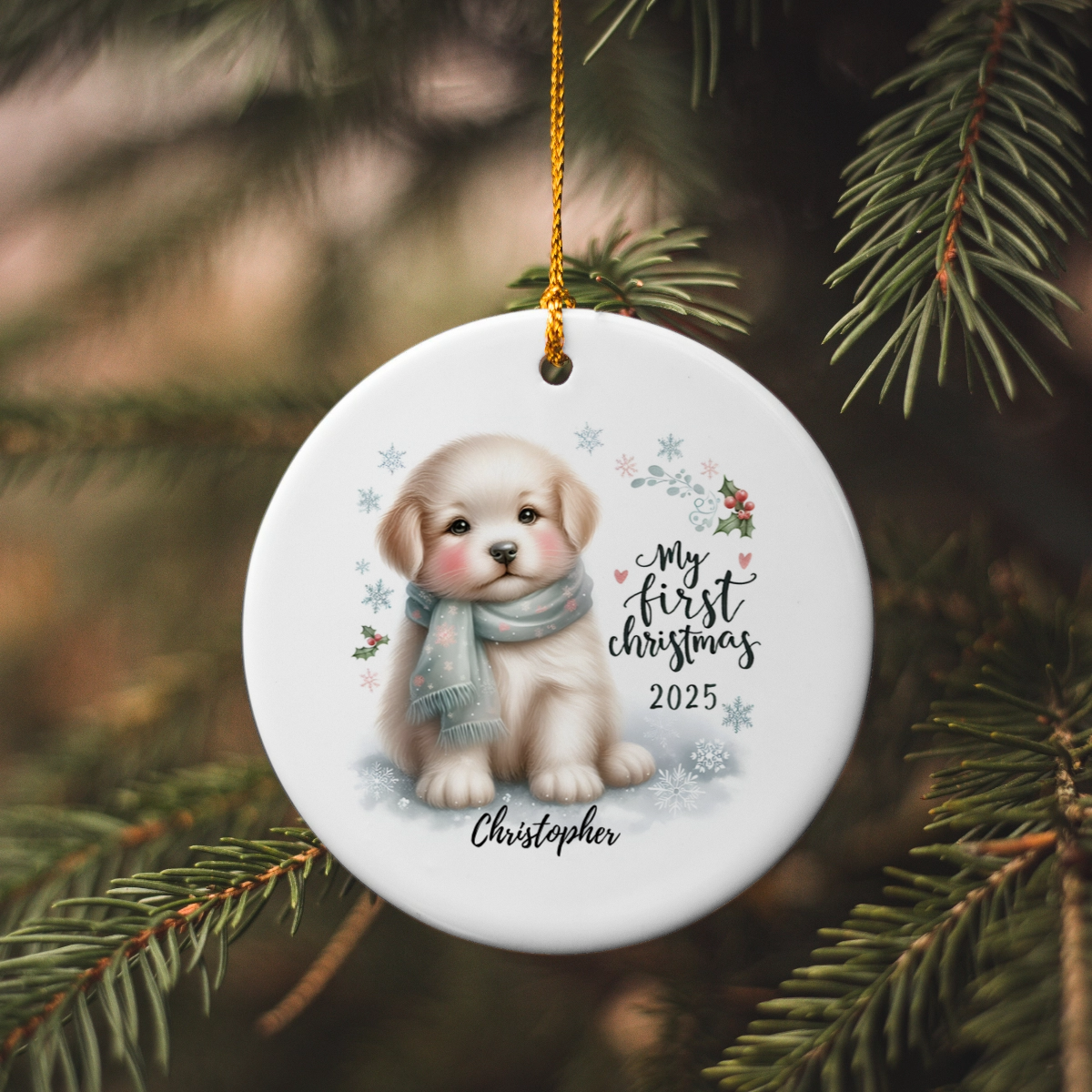 My First Christmas 2025 Puppy Ornament – Baby’s First Christmas Keepsake, Cute Newborn Gift, Durable MDF Ornament with Gold Cord