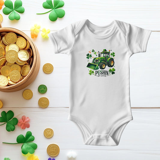Pushin’ My Luck St. Patrick’s Day Baby Bodysuit – Funny Tractor & Shamrock Onesie – Soft Cotton Infant Romper – Irish Holiday Outfit & Baby Gift - Mallard Moon Gift Shop