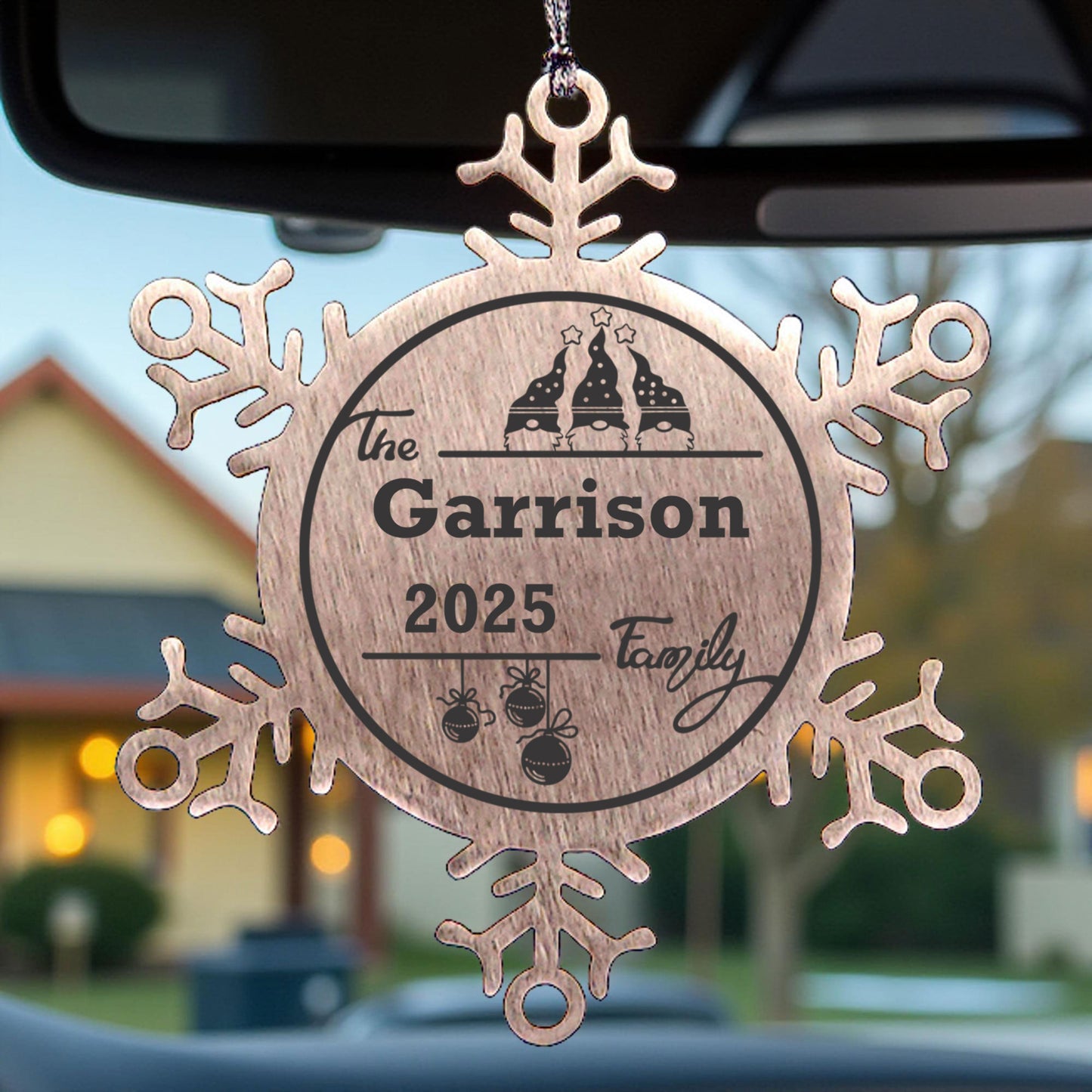 Personalized 3 Gnome Family Snowflake Ornament – Custom Stainless Steel Christmas Keepsake with Gift Bag – Engraved Names & Dates Holiday Decor for Family, Friends, Couples - Mallard Moon