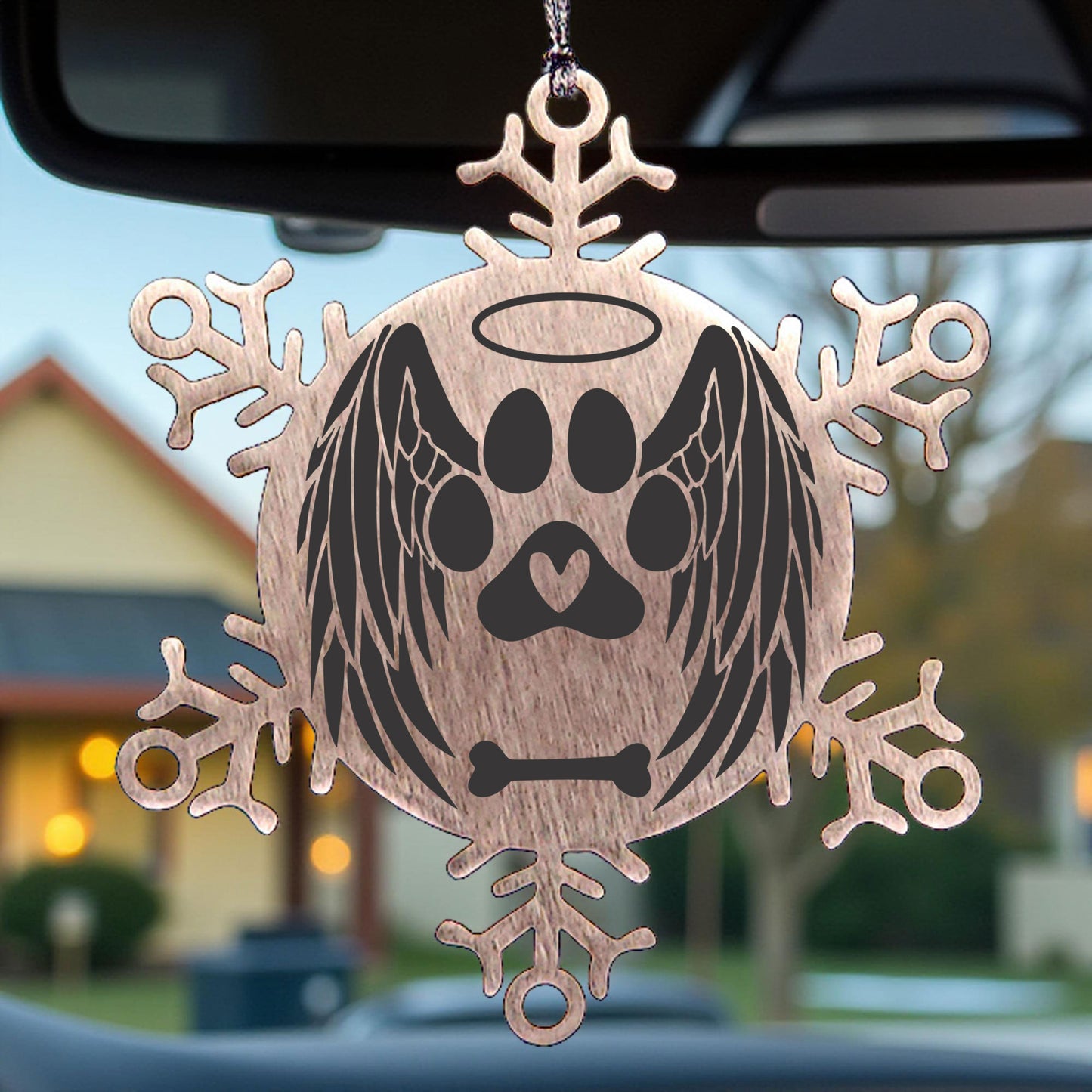 Personalized Pet Name Angel Remembrance Laser Engraved Stainless Steel Snowflake Tree Ornament - Mallard Moon