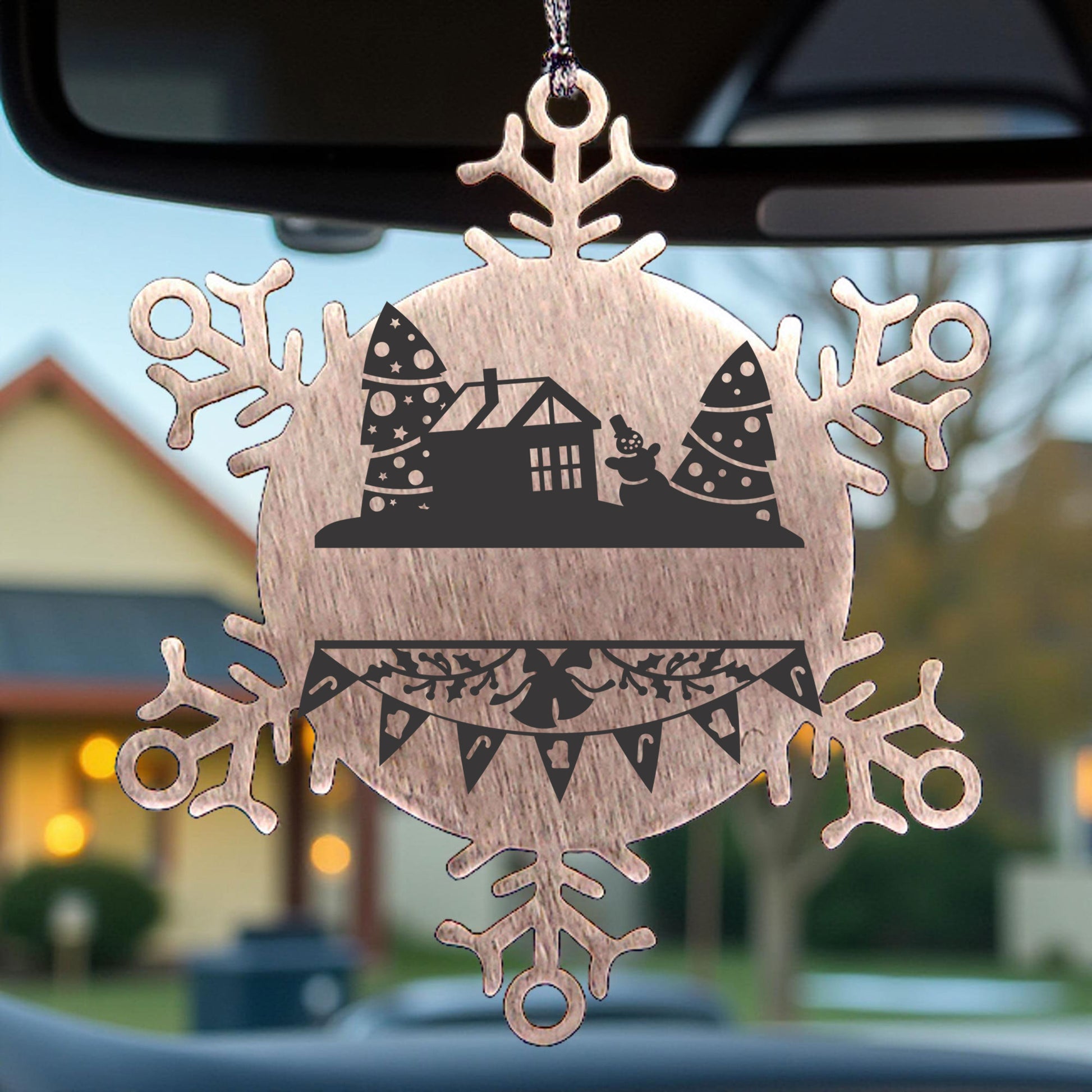 Personalized Family Name Laser Engraved Stainless Steel Snowflake Tree Ornament - Home for the Holidays - Mallard Moon