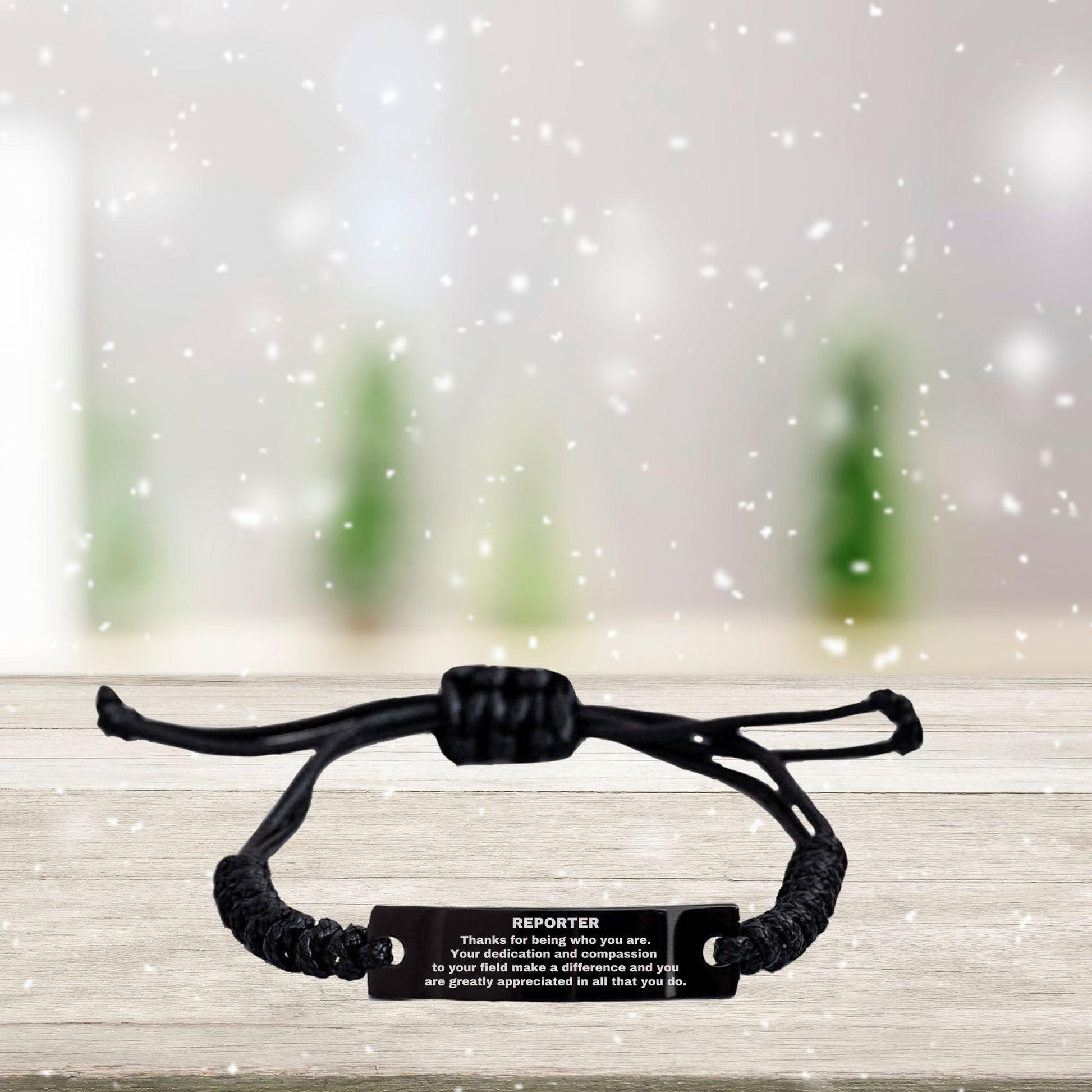 Reporter Black Braided Leather Rope Engraved Bracelet - Thanks for being who you are - Birthday Christmas Jewelry Gifts Coworkers Colleague Boss - Mallard Moon Gift Shop