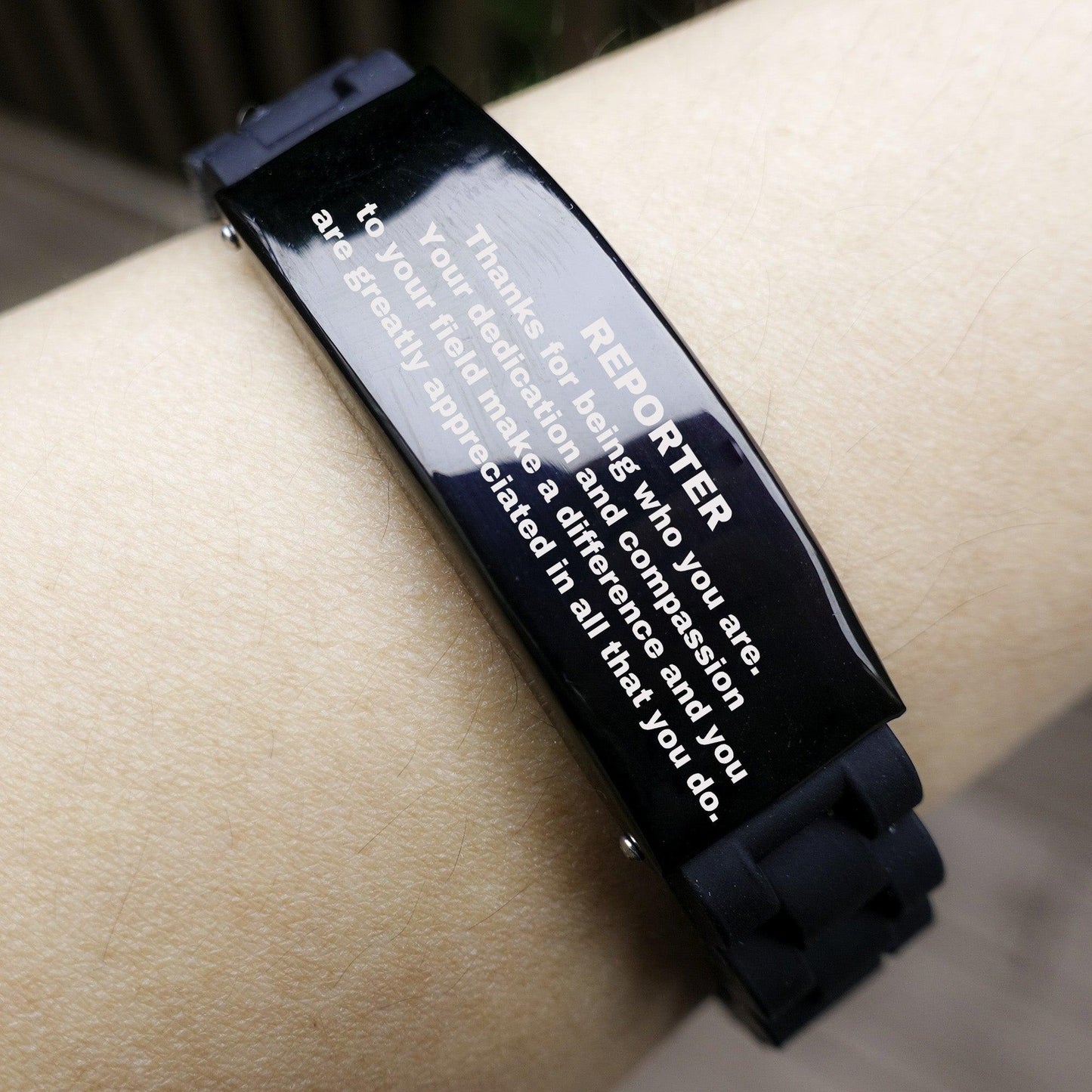 Reporter Black Glidelock Clasp Engraved Bracelet - Thanks for being who you are - Birthday Christmas Jewelry Gifts Coworkers Colleague Boss - Mallard Moon Gift Shop