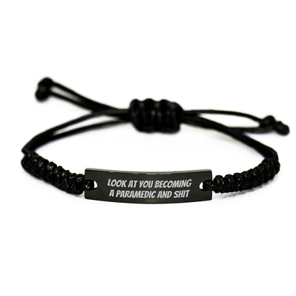 Funny Rescue Worker Rope Bracelet, 'Look At You Becoming A Rescue Worker And Shit' Quote, Gifts from Friends, Coworkers or Family for Birthday, Adjustable Black Rope with Stainless Steel Engraving - Image 1