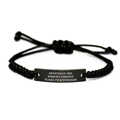 Funny Nurse Practitioner Gifts from Friends to Celebrate Christmas - 'Officially The World's Coolest Nurse Practitioner' Rope Bracelet, Adjustable Black Rope for Women or Men - Image 1