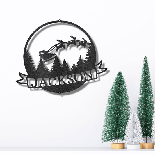 Santa's Sleigh with Reindeer Personalized Christmas Decor Metal Art Wall Sign - Mallard Moon Gift Shop