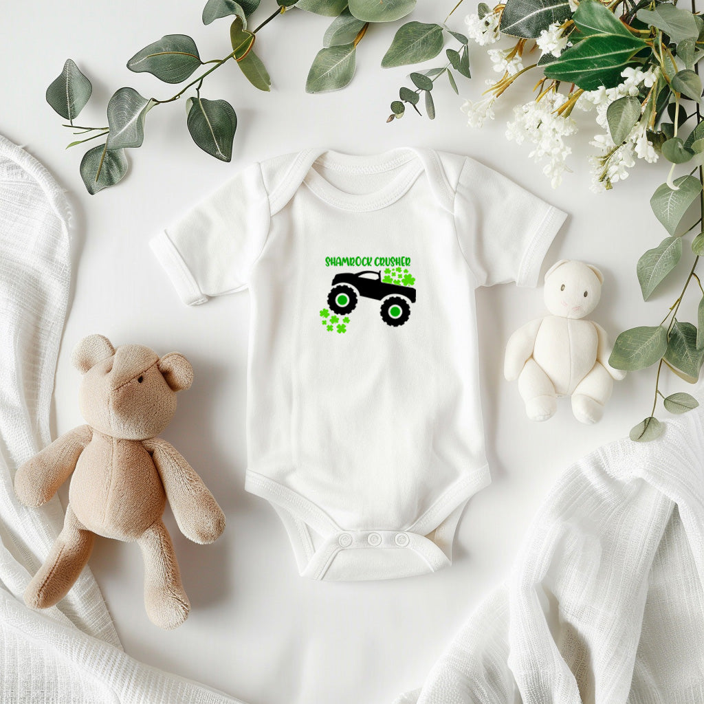 Shamrock Crusher St. Patrick’s Day Baby Bodysuit – Funny Monster Truck Onesie – Soft Cotton Infant Romper – Irish Holiday Outfit & Baby Gift - Mallard Moon Gift Shop