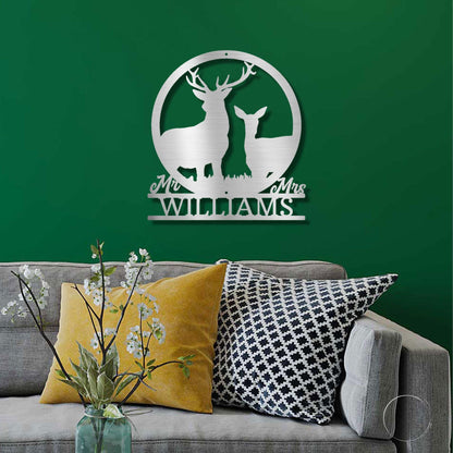 Deer Stag and Doe Mr and Mrs Custom Name Metal Art Wall Sign - Mallard Moon Gift Shop